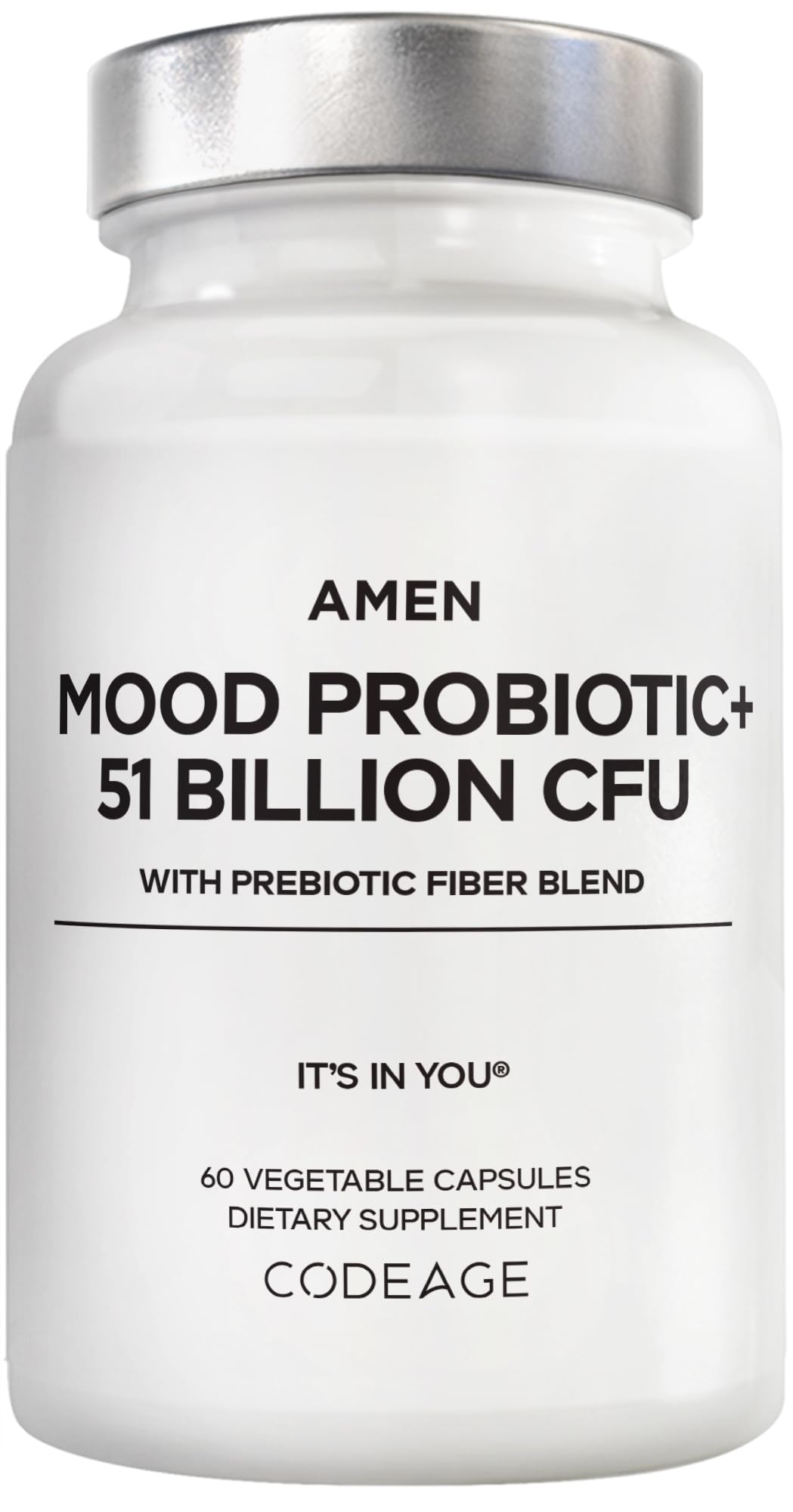 Amen Mood Probiotic bottle with 51B CFU capsules for daily gut support.