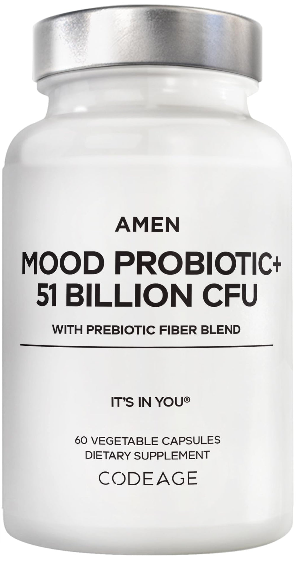 Amen Mood Probiotic bottle with 51B CFU capsules for daily gut support.