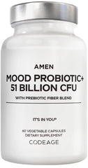 Amen Mood Probiotic bottle with 51B CFU capsules for daily gut support.
