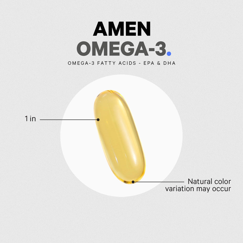 Amen Omega-3 lifestyle imagery hints at ongoing wellness support.