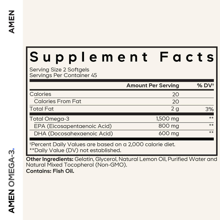 Amen Omega-3 pour shows softgels ready for daily EPA and DHA intake.