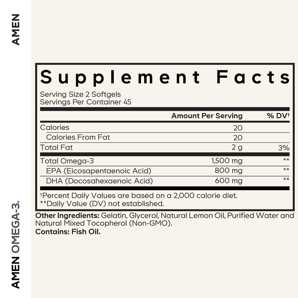 Amen Omega-3 pour shows softgels ready for daily EPA and DHA intake.