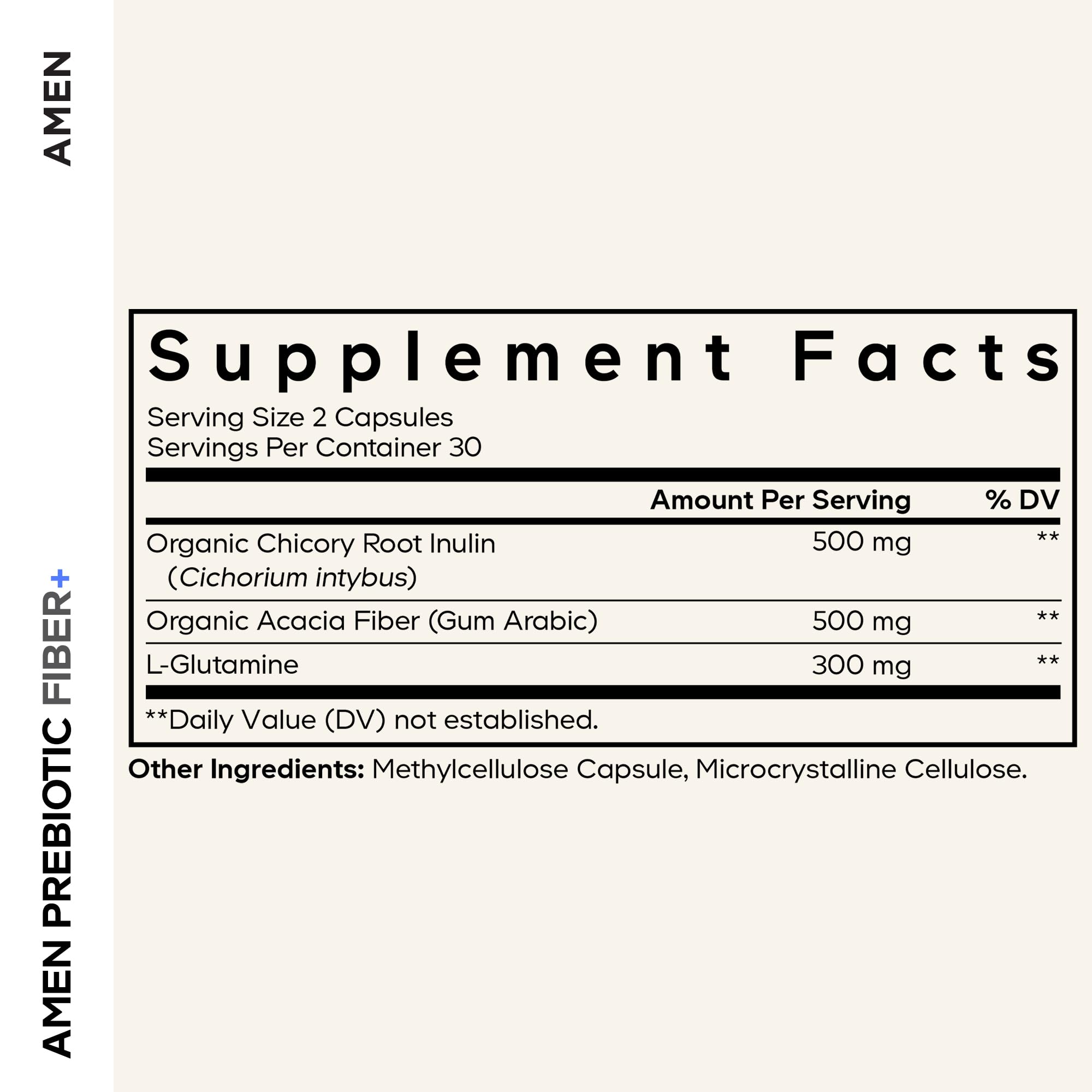 Amen Prebiotic Fiber capsules close-up for plant-based daily digestion