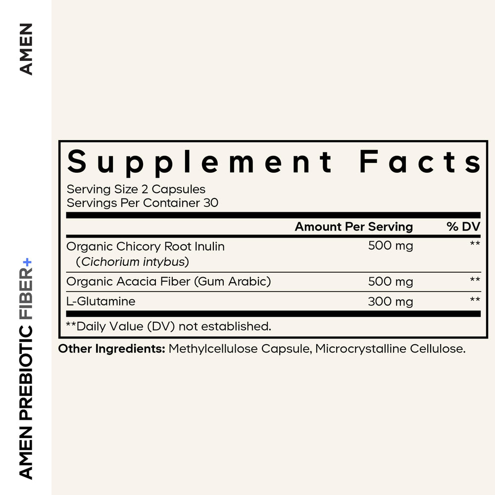 Amen Prebiotic Fiber capsules close-up for plant-based daily digestion
