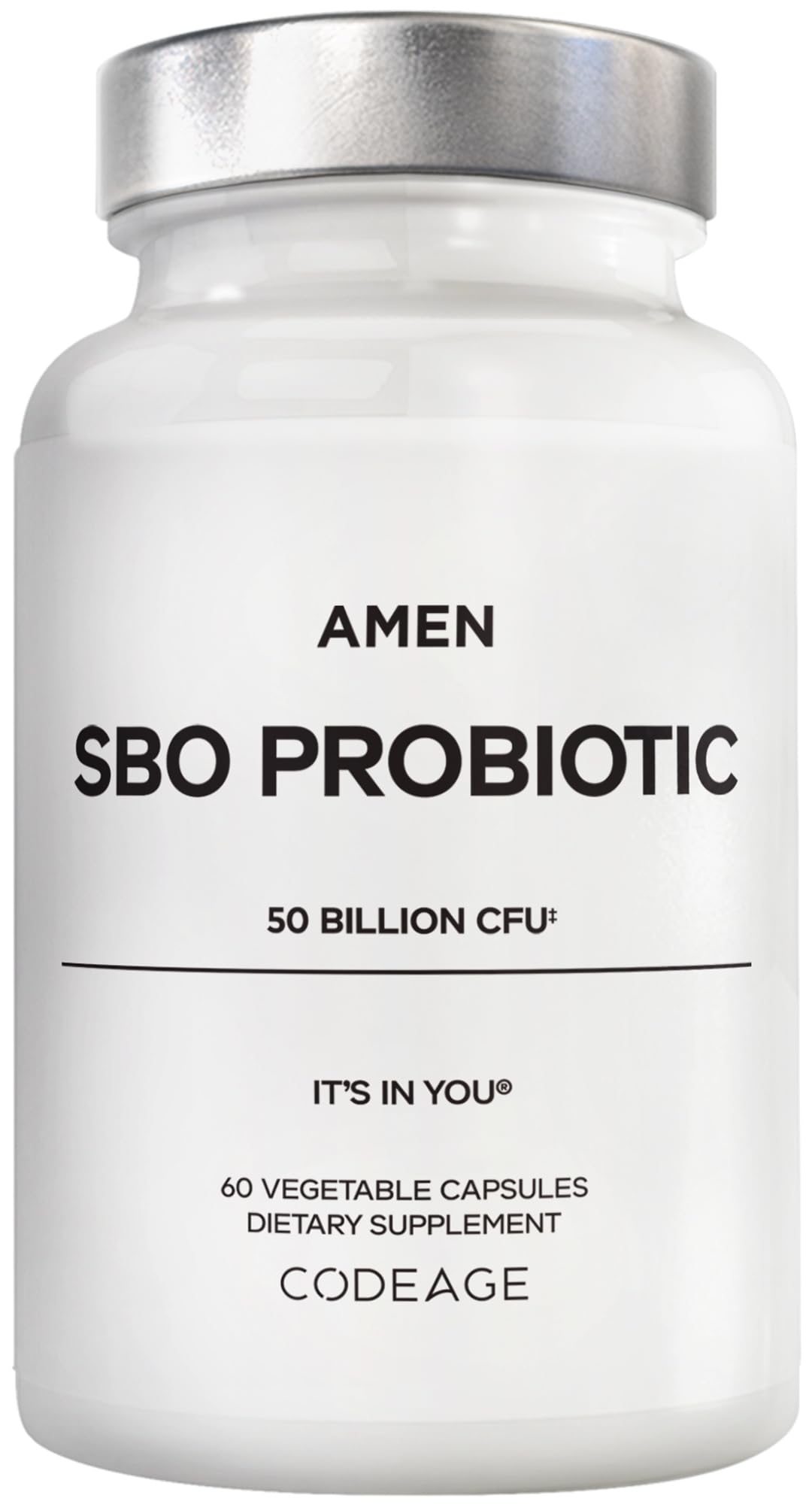 Amen SBO Probiotic bottle front shows 50B CFUs for daily digestive balance.