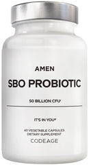 Amen SBO Probiotic bottle front shows 50B CFUs for daily digestive balance.