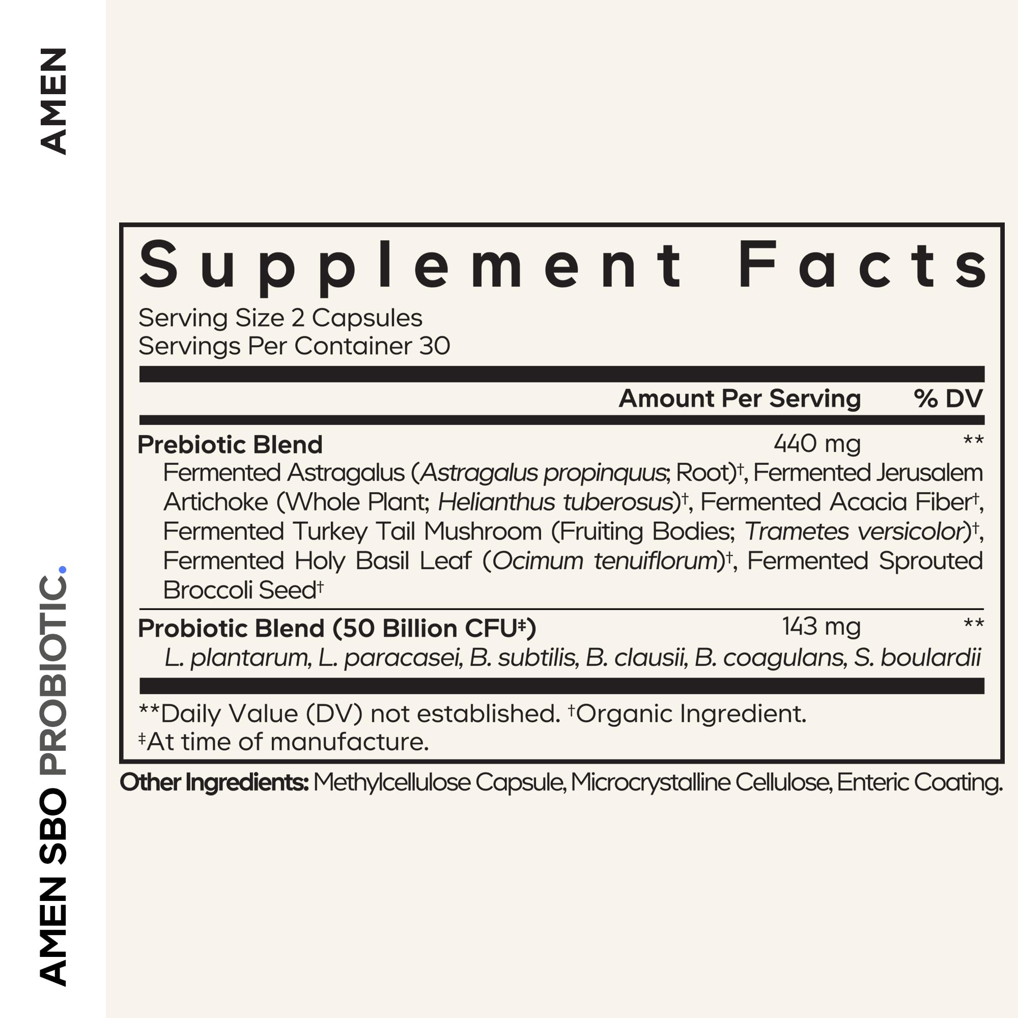 Amen SBO Probiotic capsules close-up highlighting vegan and non-GMO formulation.