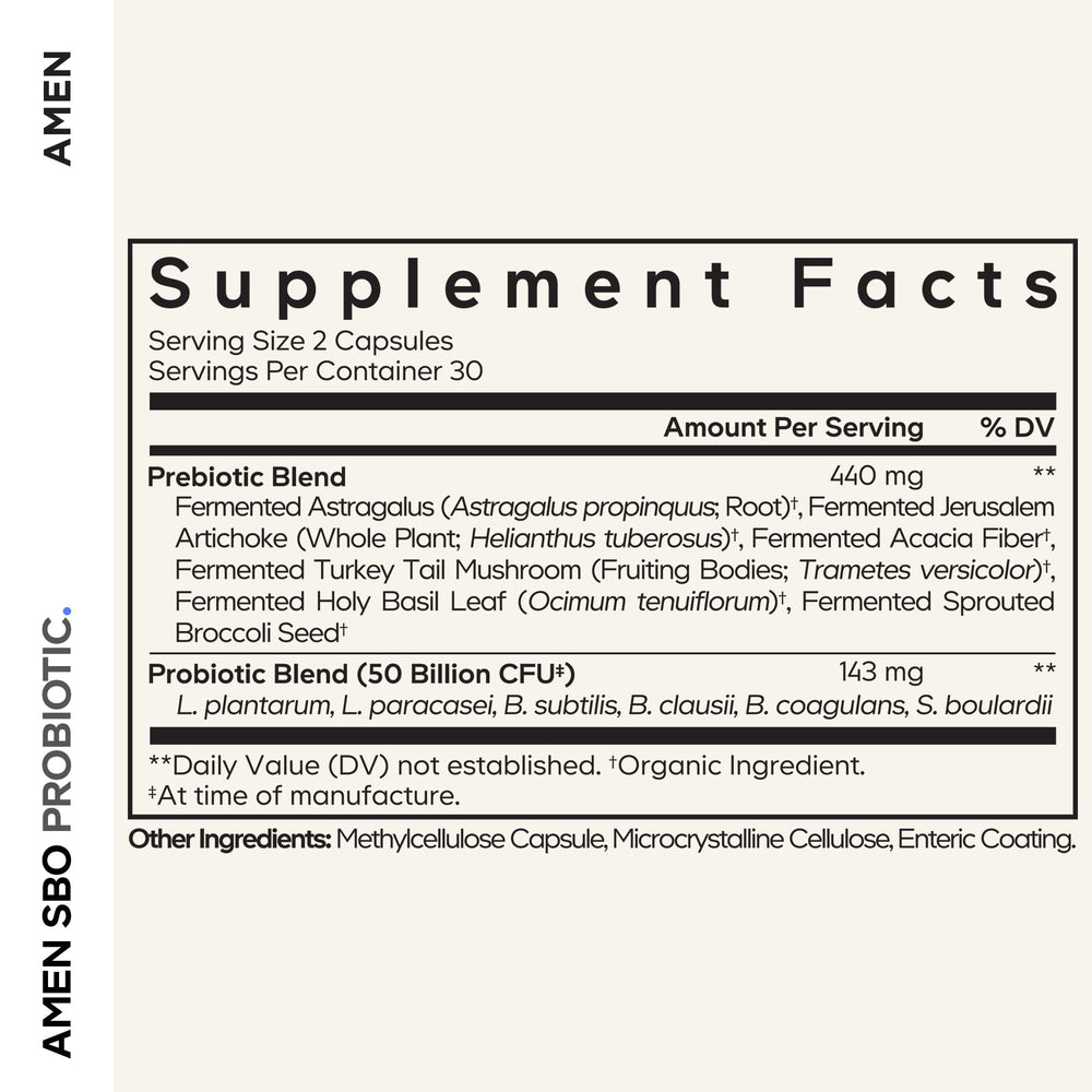 Amen SBO Probiotic capsules close-up highlighting vegan and non-GMO formulation.