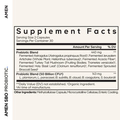 Amen SBO Probiotic capsules close-up highlighting vegan and non-GMO formulation.