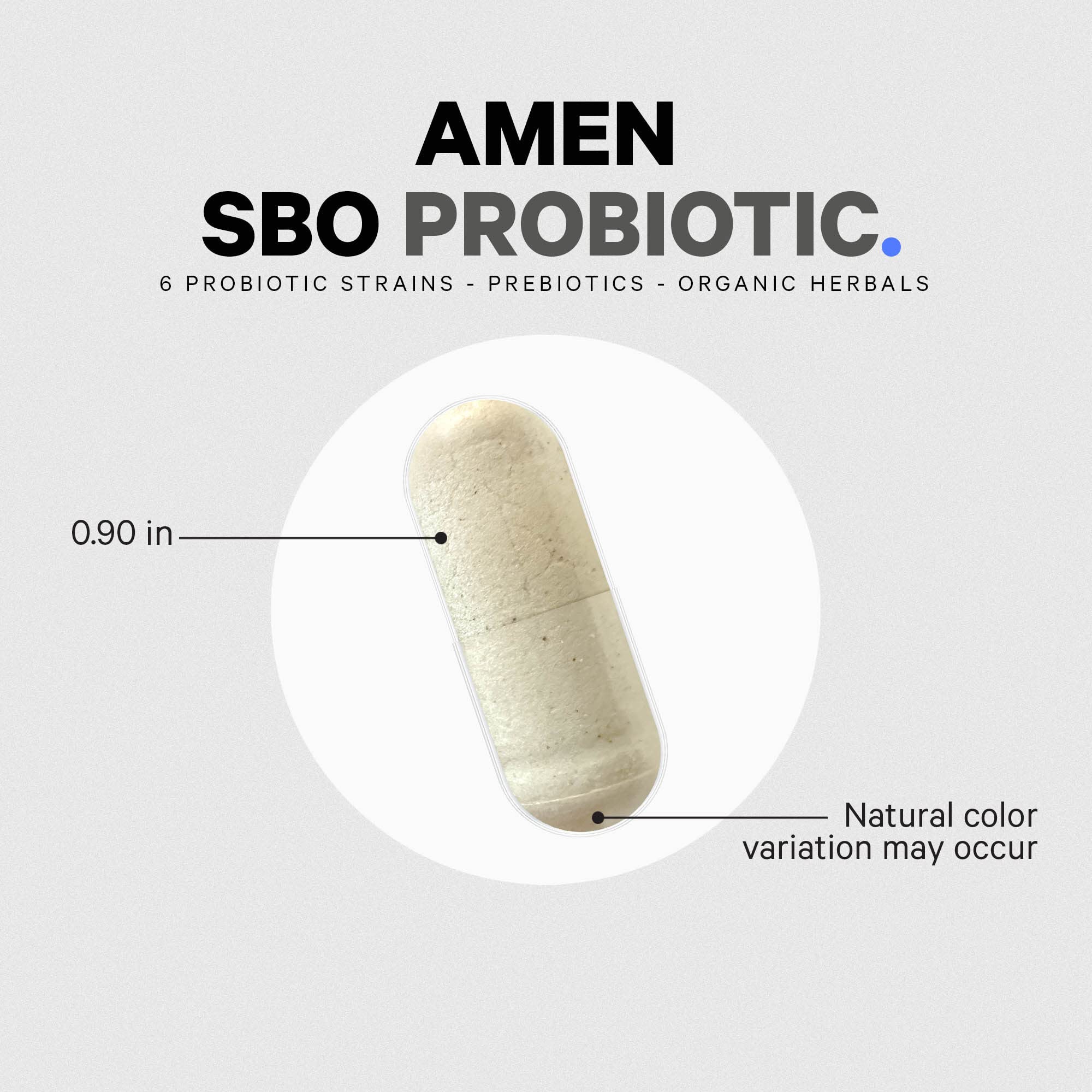 Amen SBO Probiotic packaging highlights organic acacia fiber as a prebiotic.