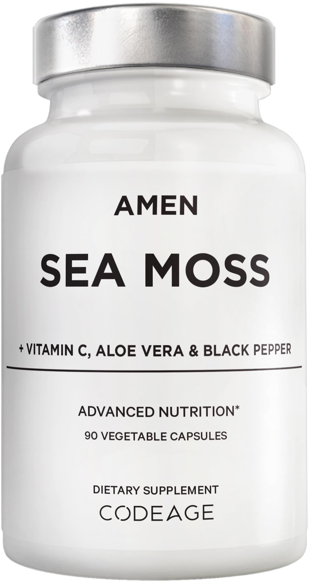 Amen Sea Moss supplement bottle front with 1000 mg blend for daily wellness.