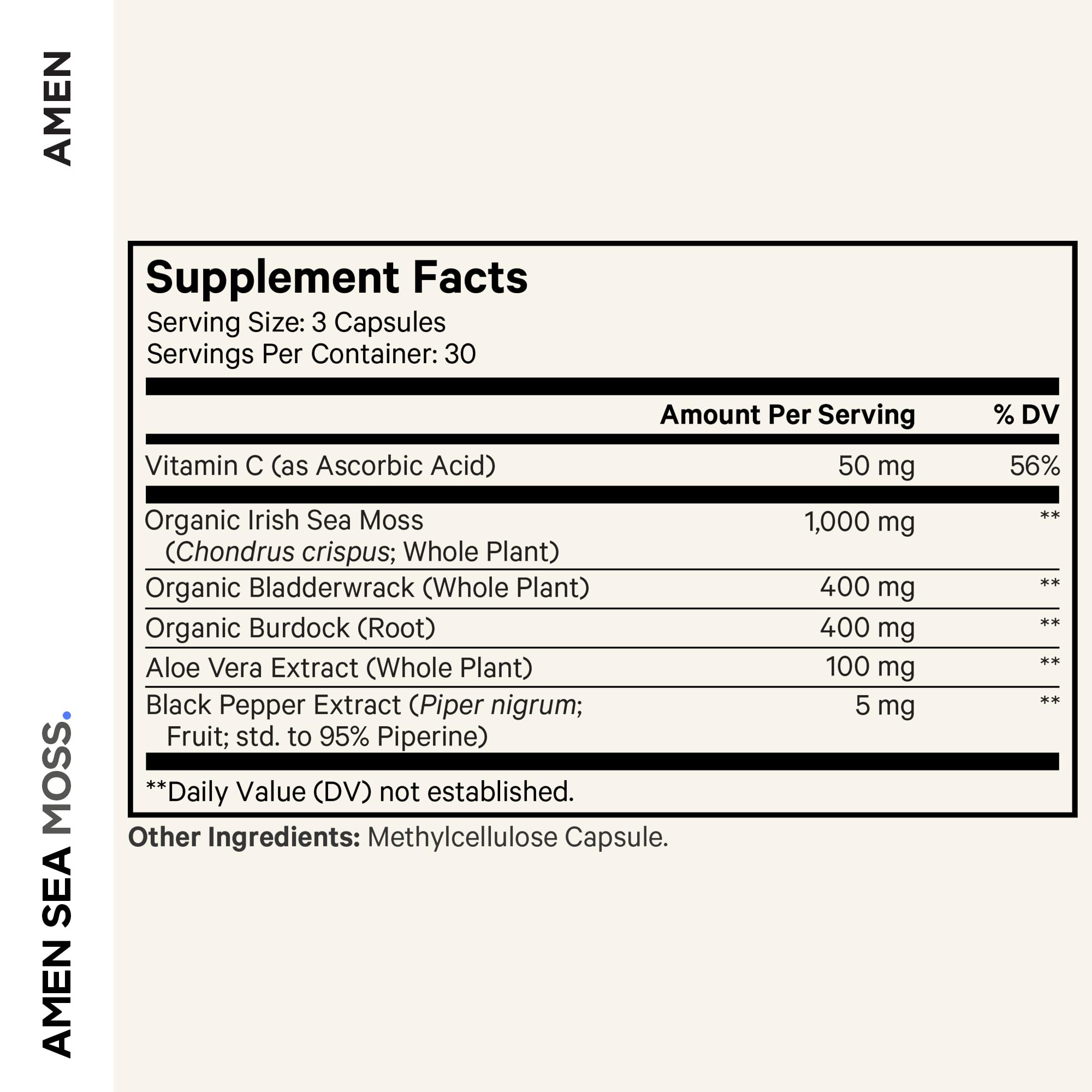 Amen Sea Moss bottle side highlighting capsules for convenient daily use.
