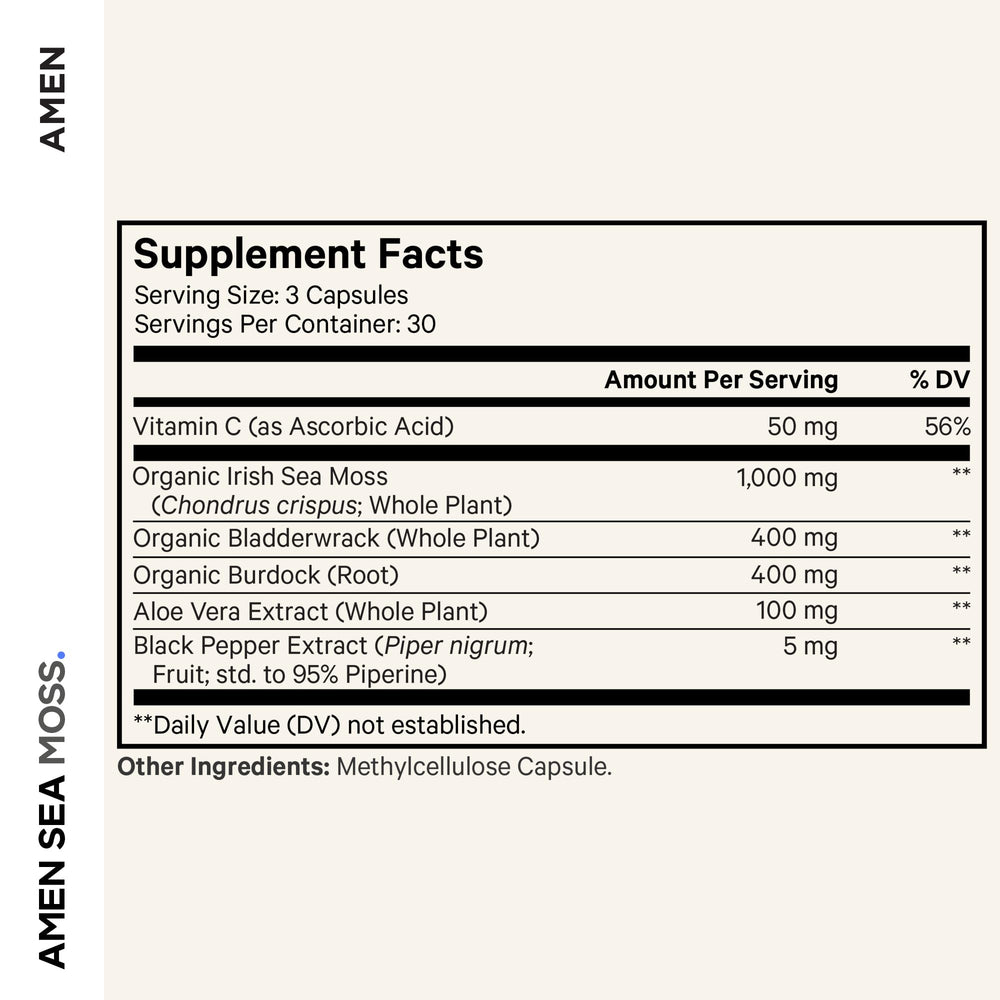 Amen Sea Moss bottle side highlighting capsules for convenient daily use.