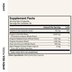Amen Sea Moss bottle side highlighting capsules for convenient daily use.