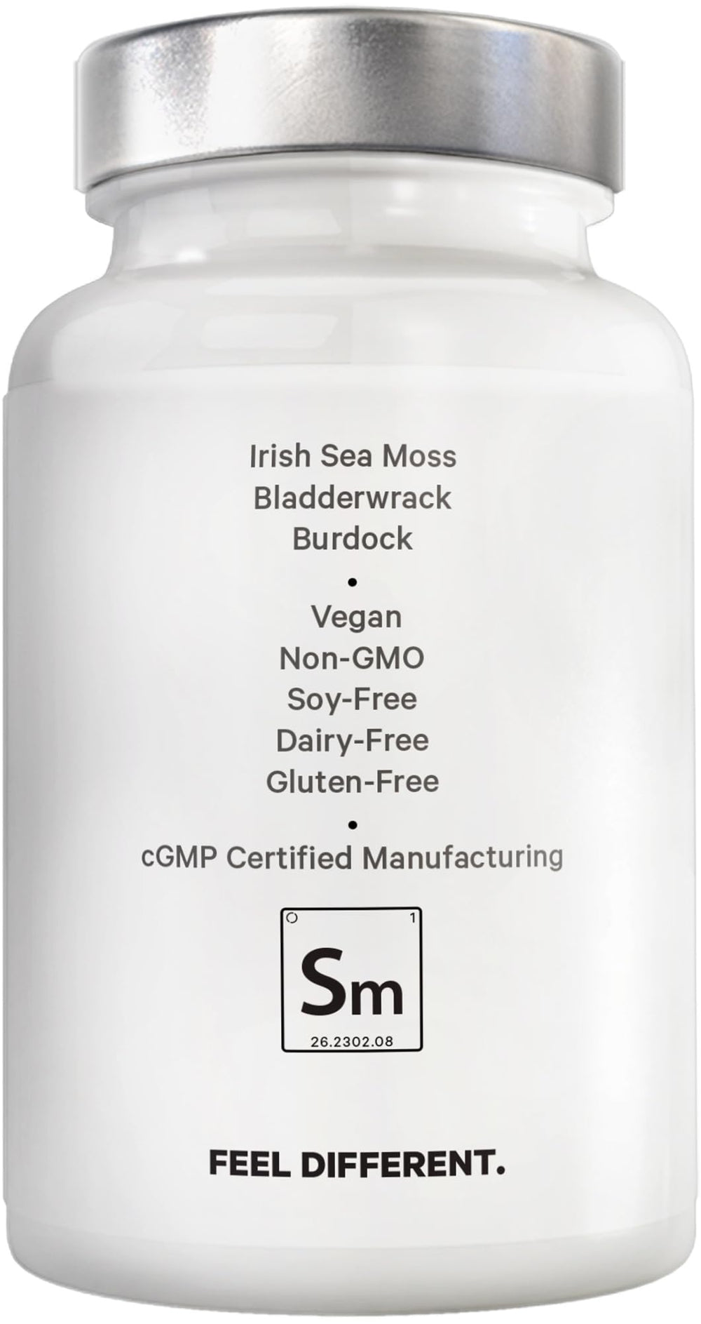 Amen Sea Moss product back label detailing non-GMO and vegan benefits.