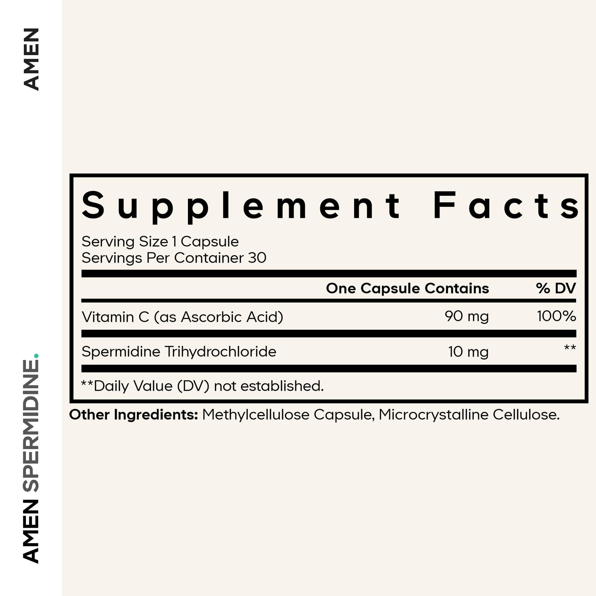 Amen Spermidine bottle label highlighting 10 mg per serving and vitamin C