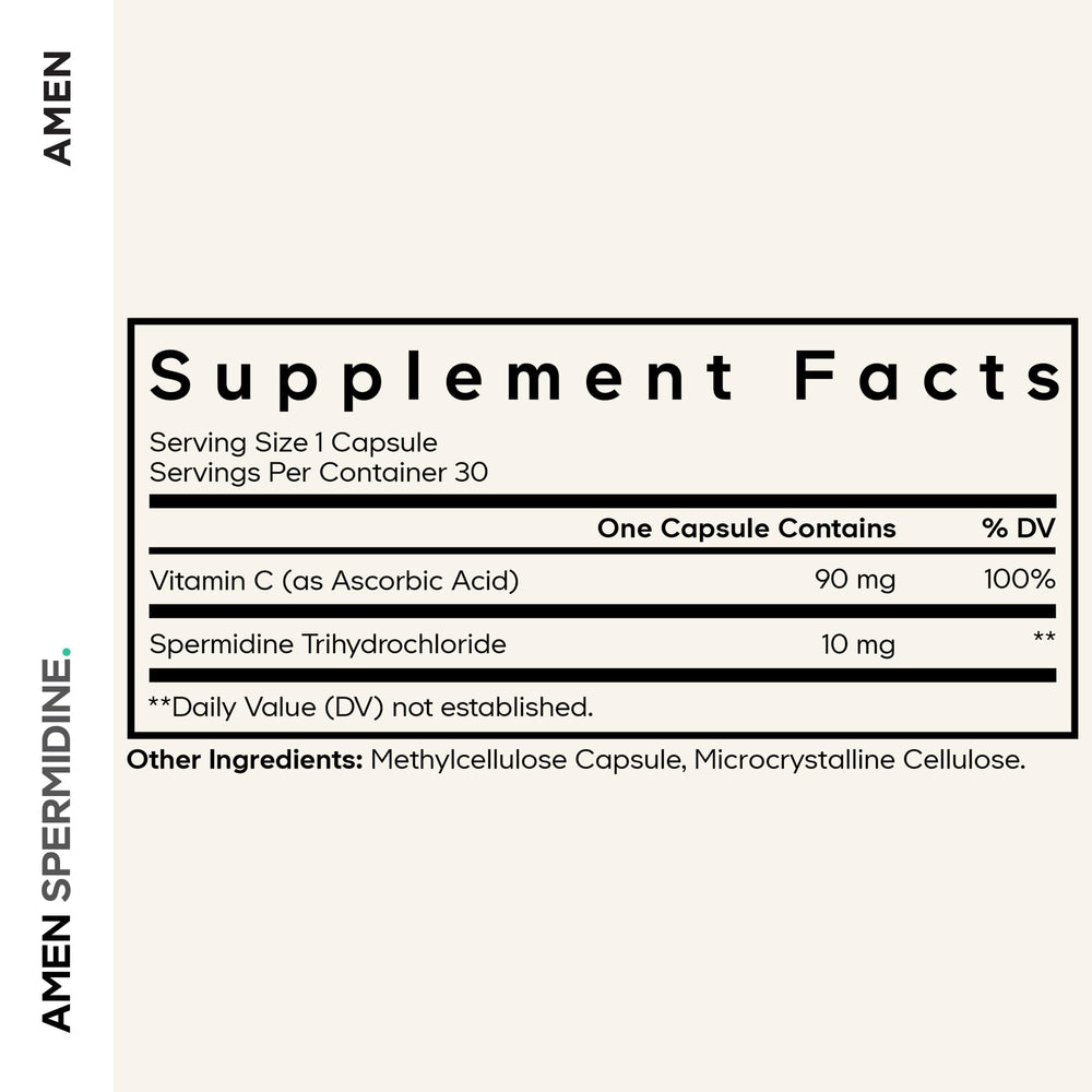 Amen Spermidine bottle label highlighting 10 mg per serving and vitamin C