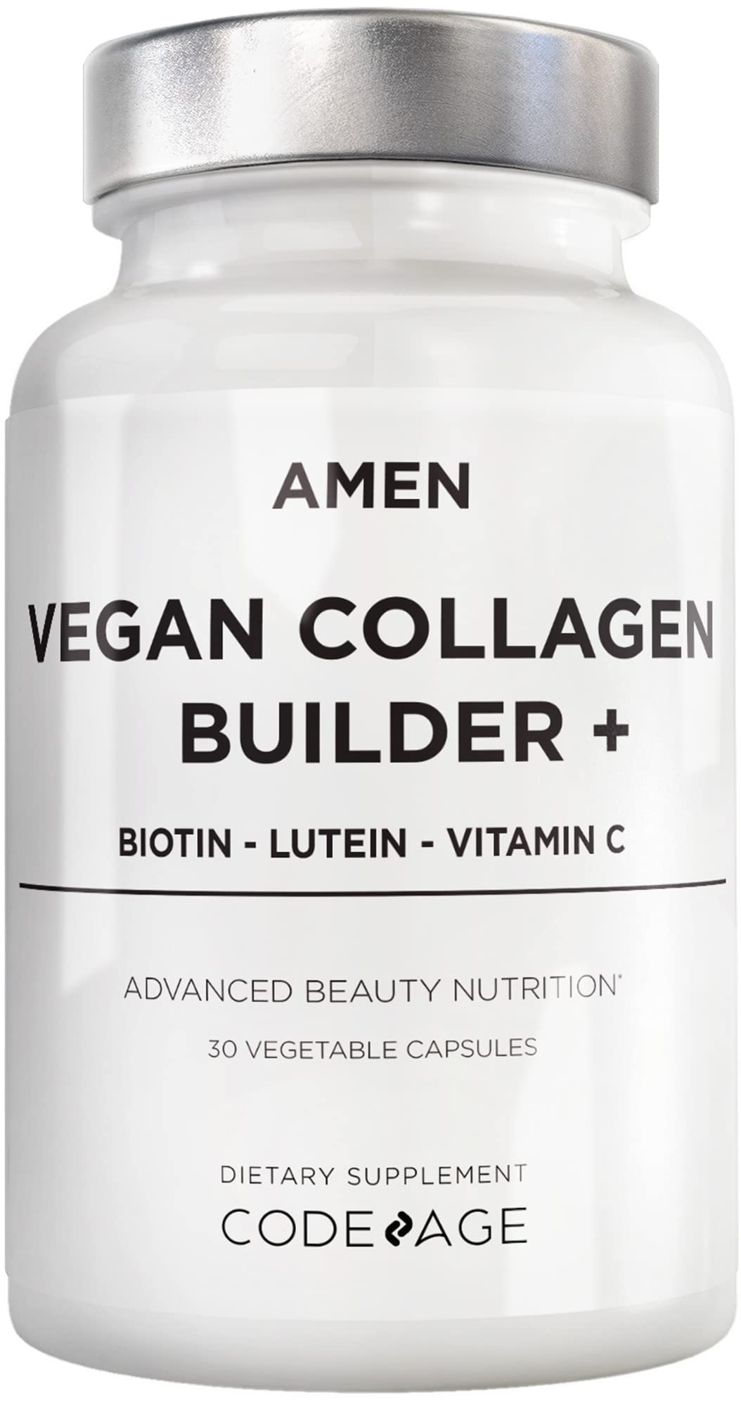 Amen Vegan Collagen Builder bottle front illustrates plant-based daily support.