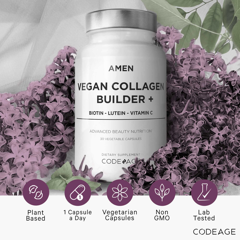 Amen Vegan Collagen Builder USA manufacturing stamp signals quality production.