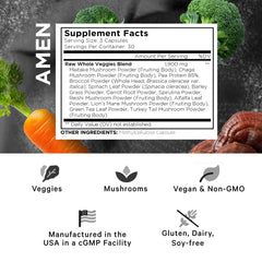 Amen Veggies mushroom complex capsules with diverse fungi for wellness support.