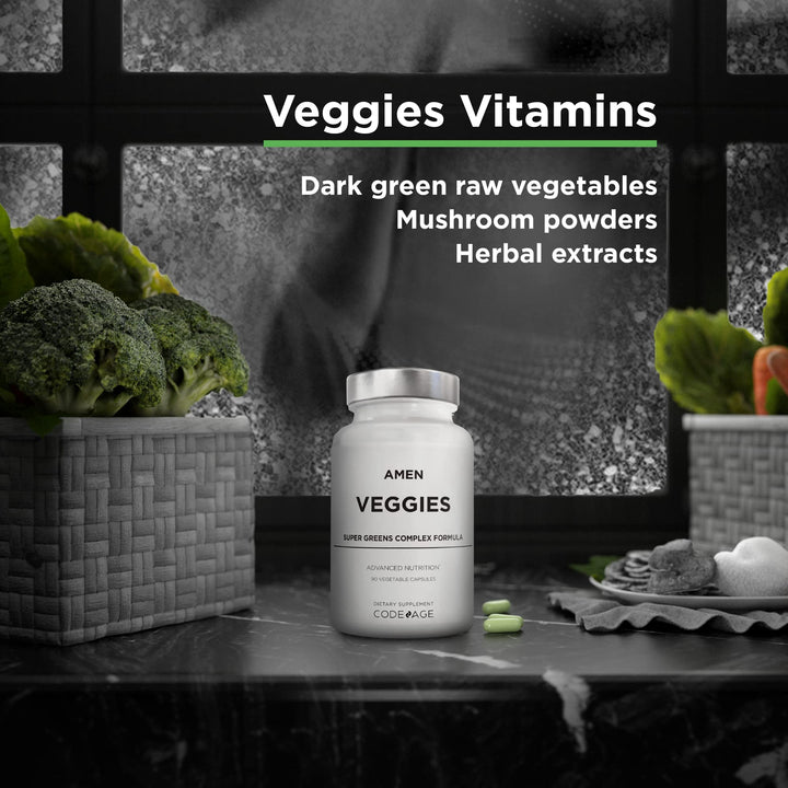 Amen Veggies raw vegetable blend capsules delivering plant-based nutrients from leafy greens and roots.