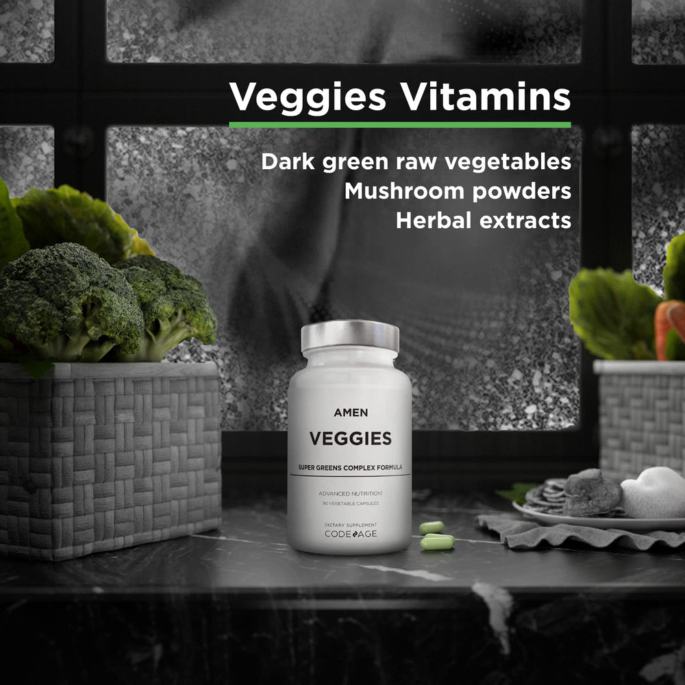 Amen Veggies raw vegetable blend capsules delivering plant-based nutrients from leafy greens and roots.