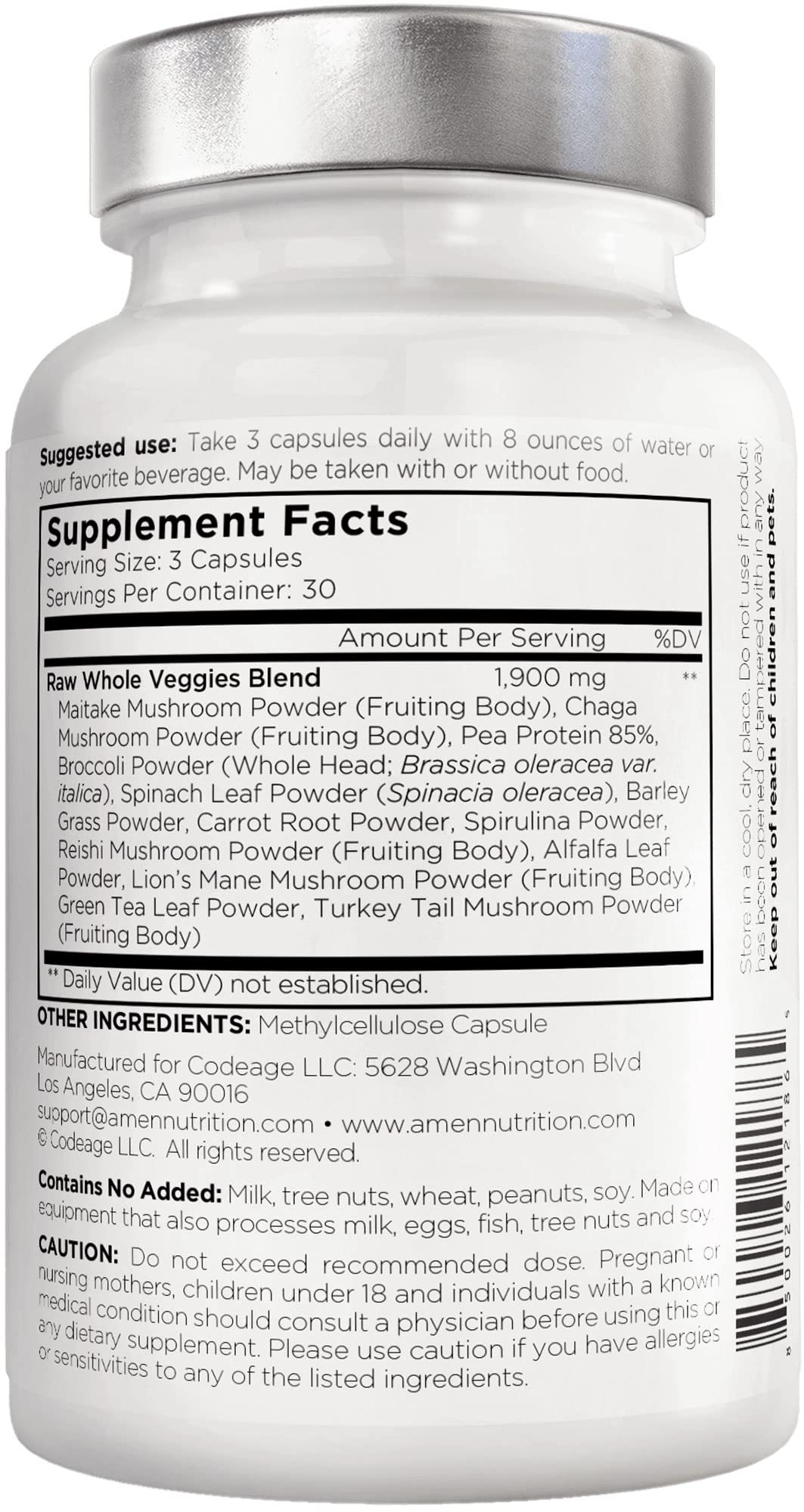 Amen Veggies vegan non-GMO formula highlighting raw whole-food ingredients.