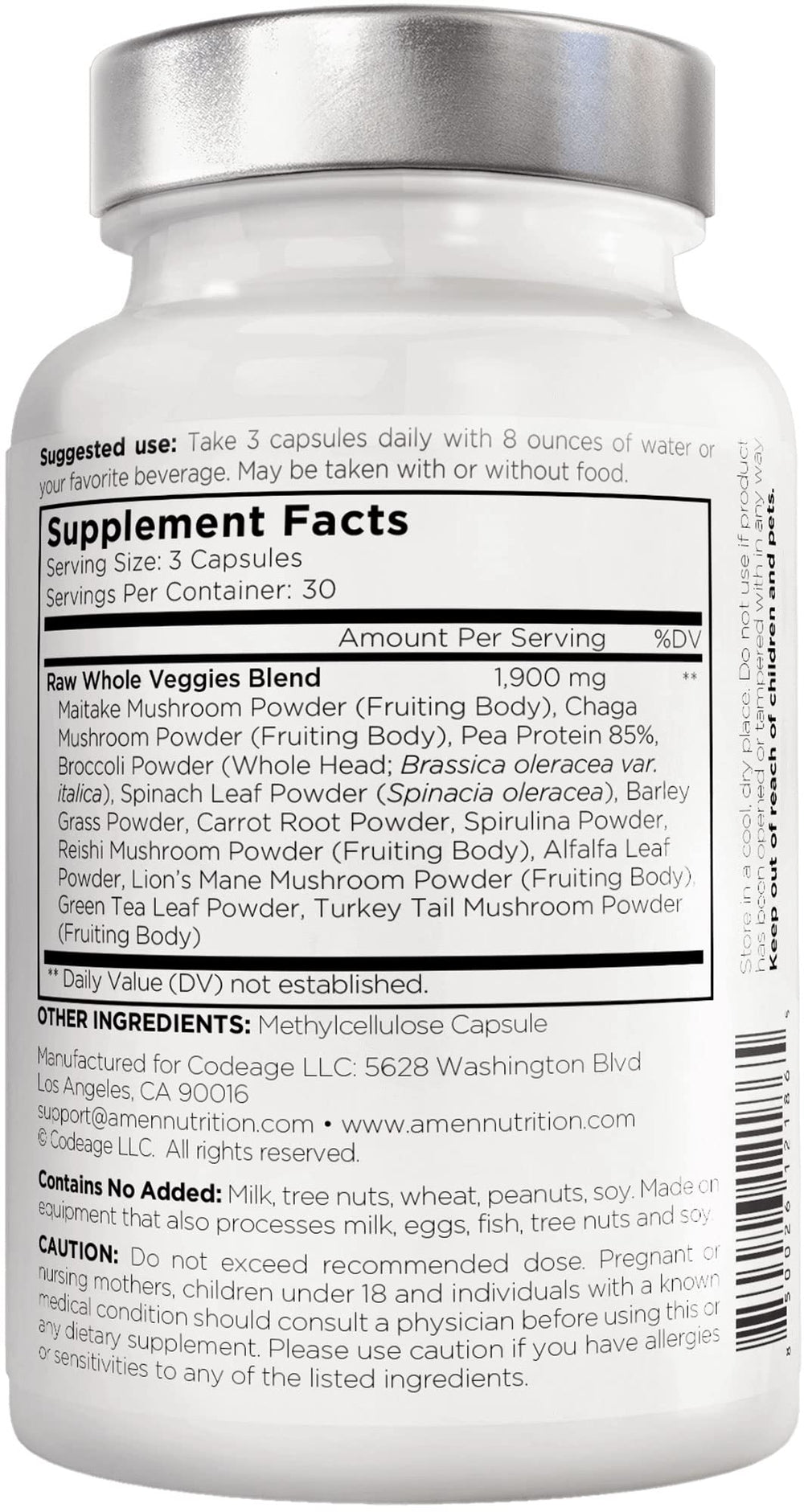 Amen Veggies vegan non-GMO formula highlighting raw whole-food ingredients.