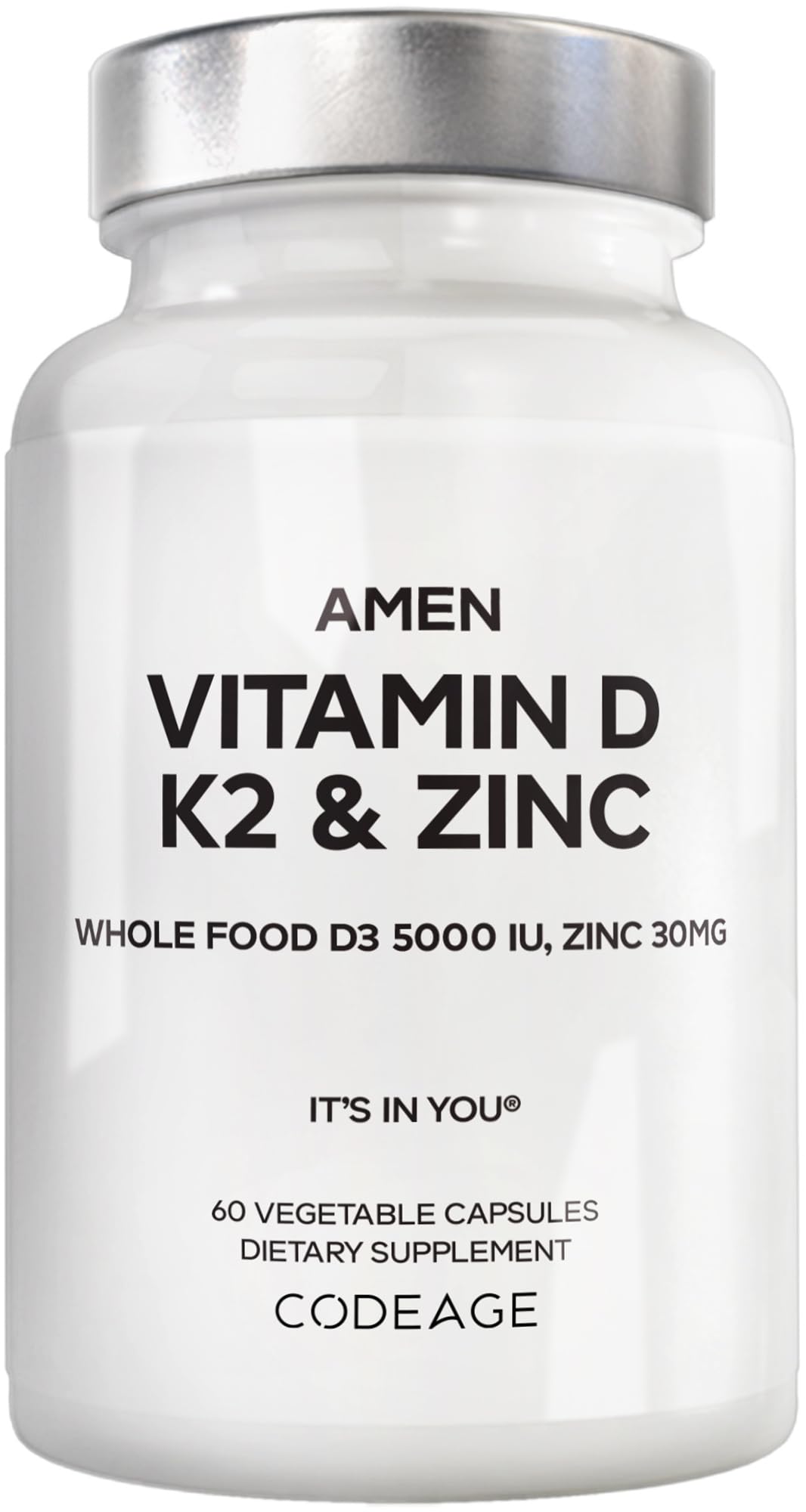 Amen Vitamin D, K2 & Zinc bottle-front for daily vegan D3 support