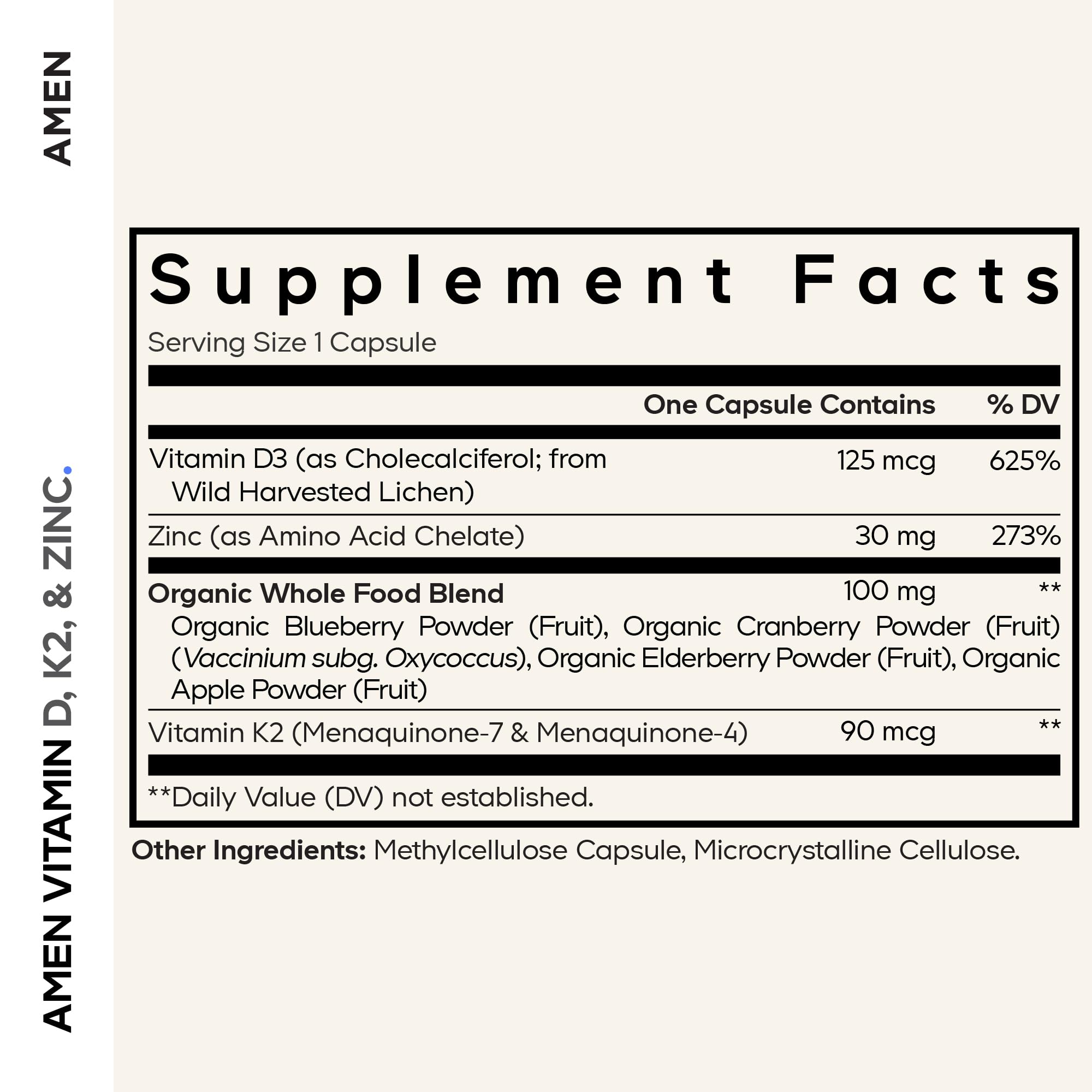 Amen Vitamin D, K2 & Zinc capsules-closeup showing easy daily capsules