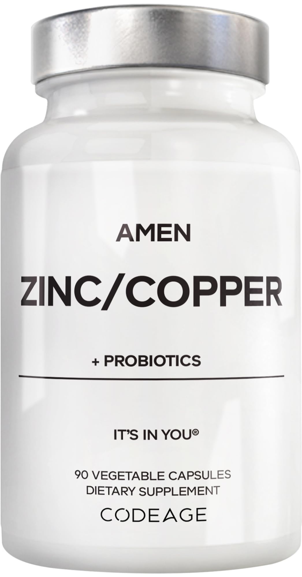 Amen Zinc Copper with Probiotics bottle shows 90 capsules for daily wellness