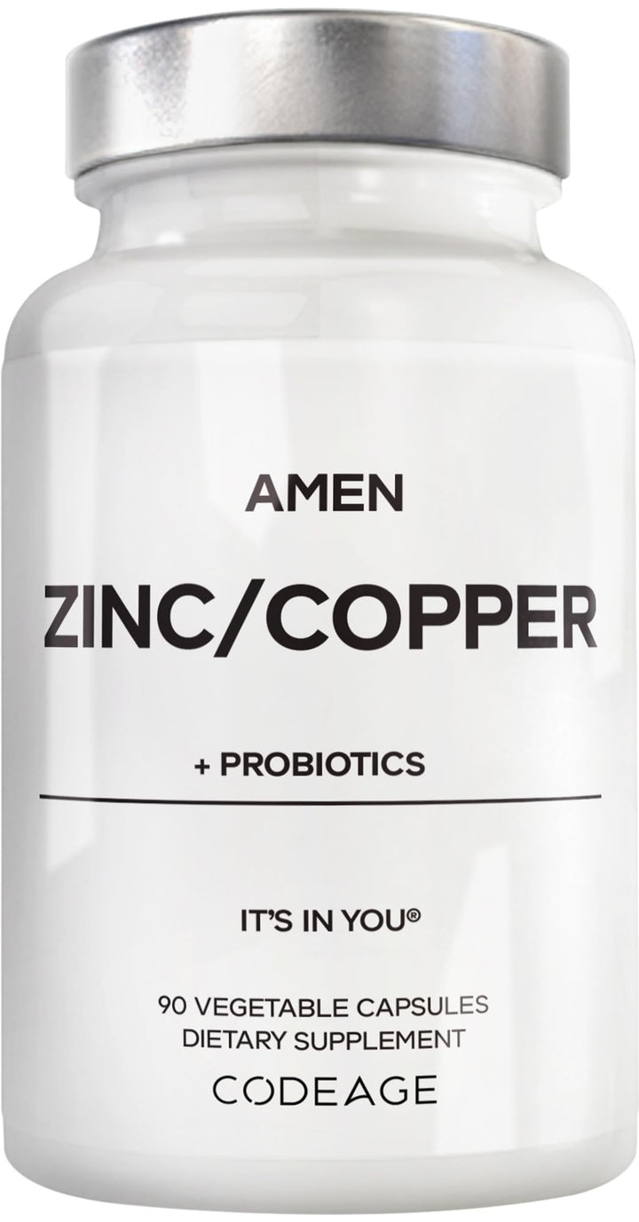 Amen Zinc Copper with Probiotics bottle shows 90 capsules for daily wellness
