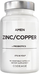 Amen Zinc Copper with Probiotics bottle shows 90 capsules for daily wellness