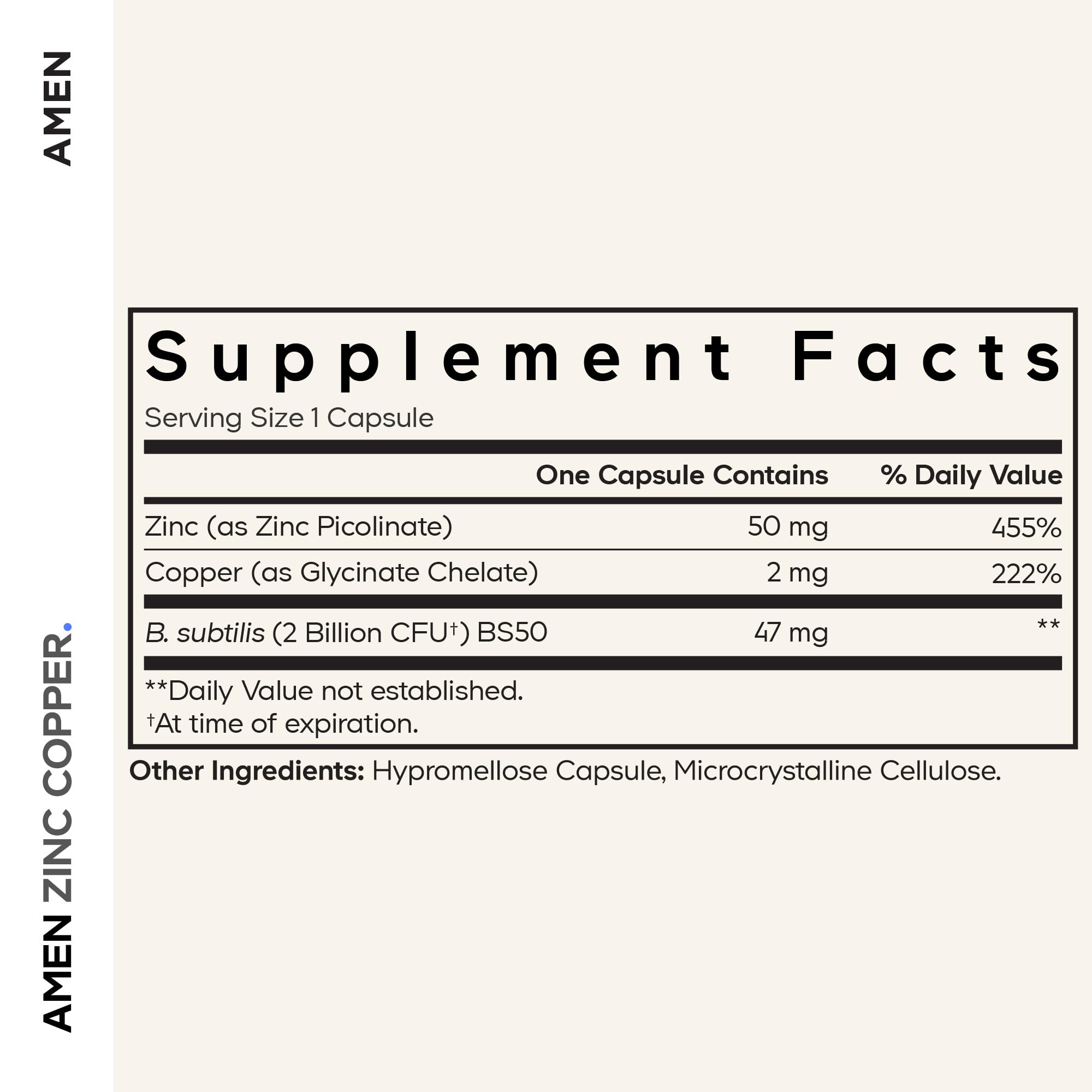 Amen Zinc Copper Probiotics capsules arranged for daily use
