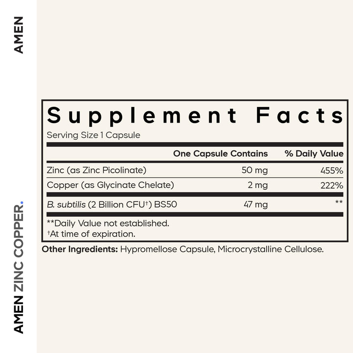 Amen Zinc Copper Probiotics capsules arranged for daily use
