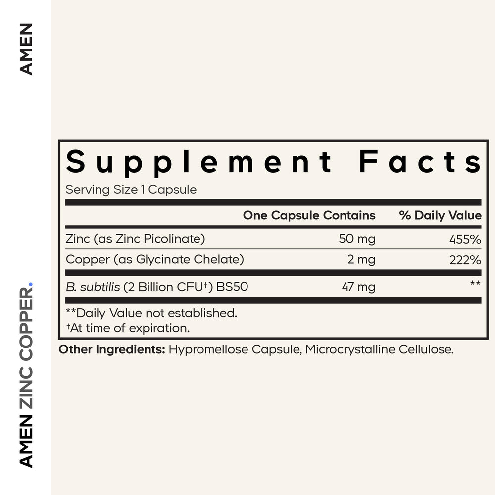 Amen Zinc Copper Probiotics capsules arranged for daily use