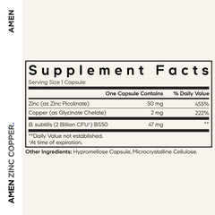 Amen Zinc Copper Probiotics capsules arranged for daily use