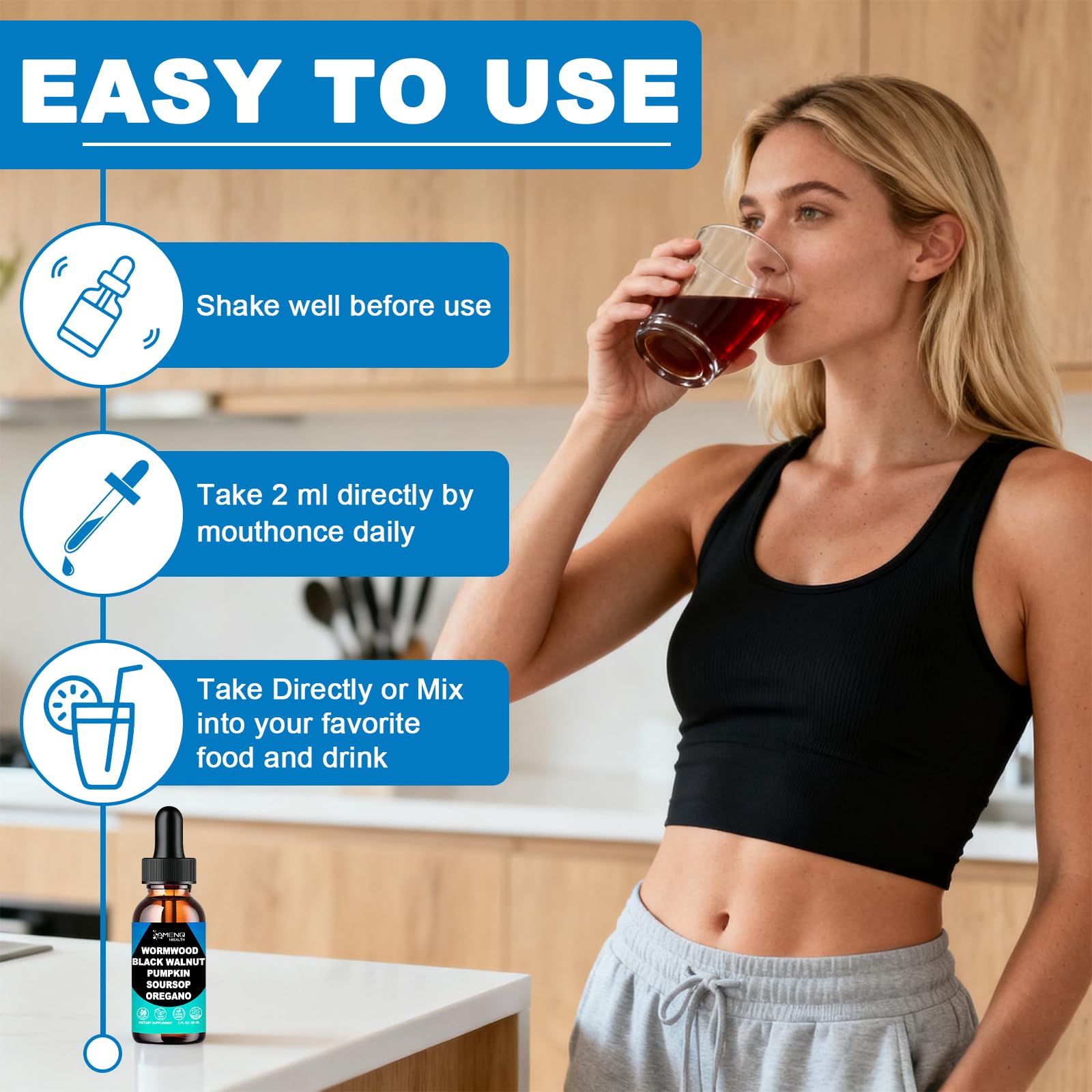 AMENQ hHEALTH daily routine shot suggests simple, consistent use.