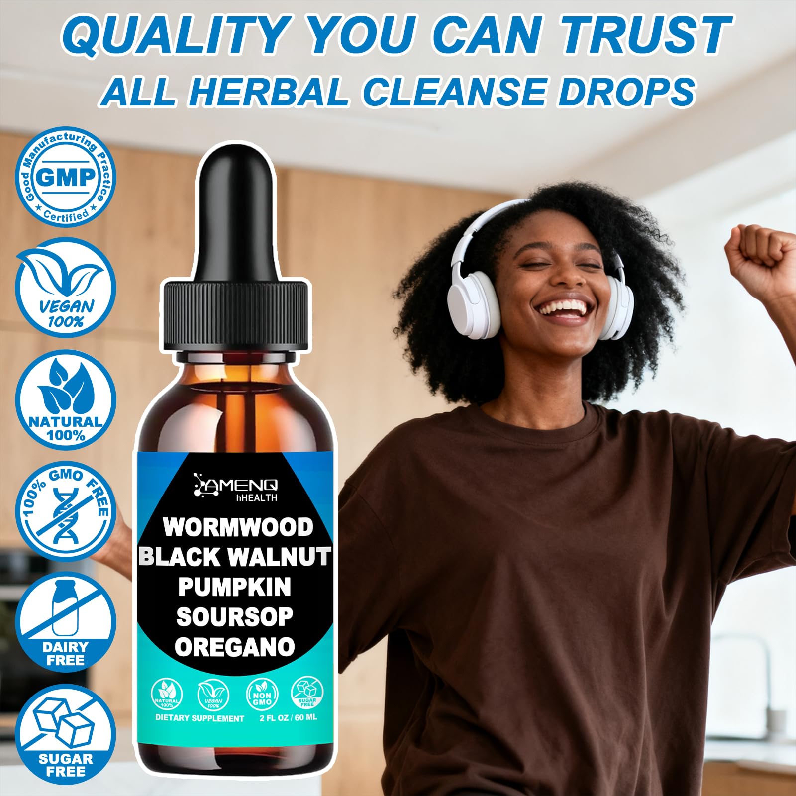AMENQ hHEALTH glass with water and drops implies convenient mix.