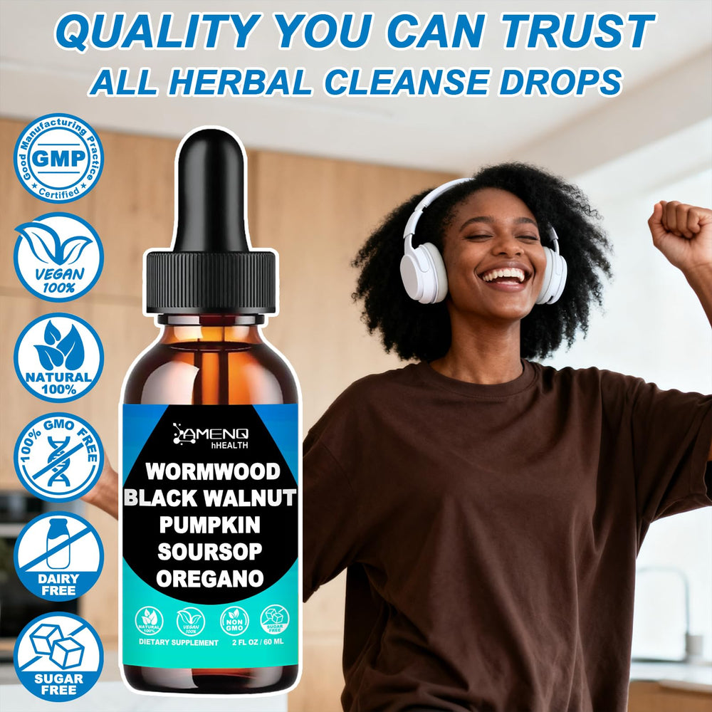 AMENQ hHEALTH glass with water and drops implies convenient mix.