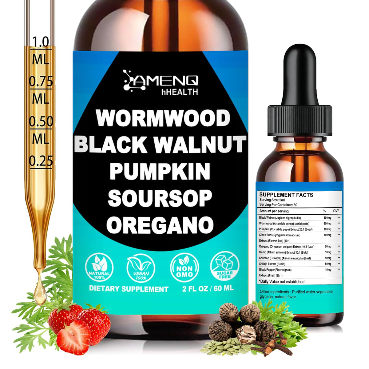 AMENQ hHEALTH wormwood black walnut clove drops bottle supports daily digestive routine.