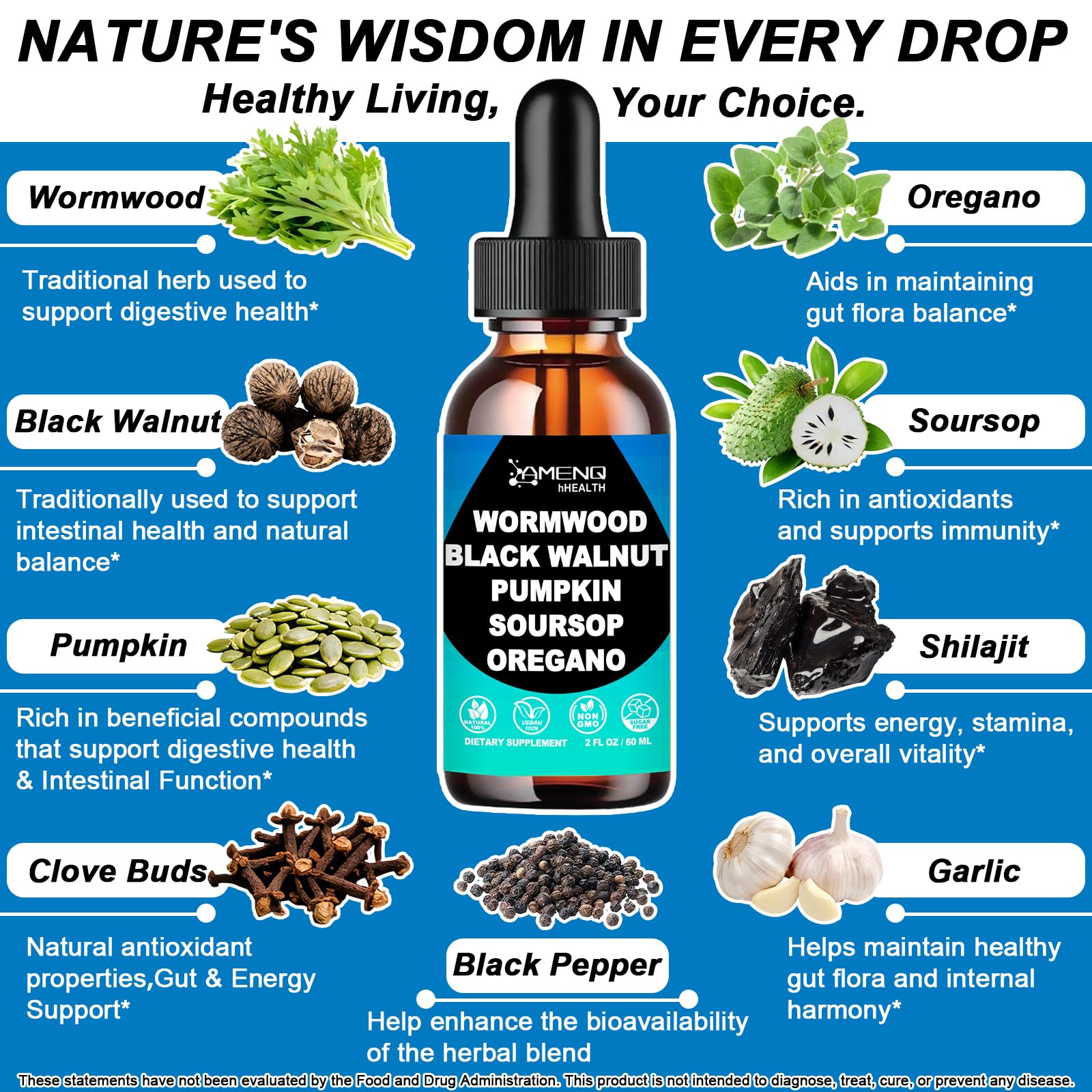 AMENQ hHEALTH wormwood drops pouring demonstrates easy daily dosing.