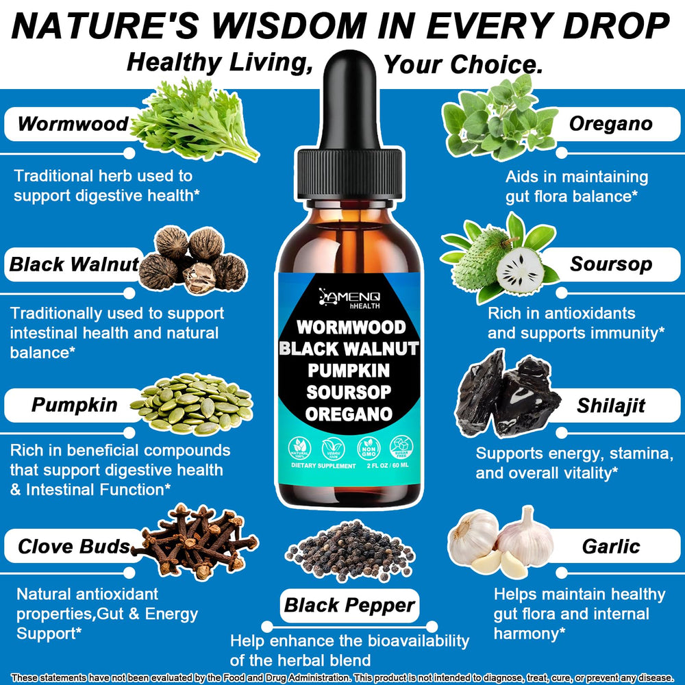 AMENQ hHEALTH wormwood drops pouring demonstrates easy daily dosing.