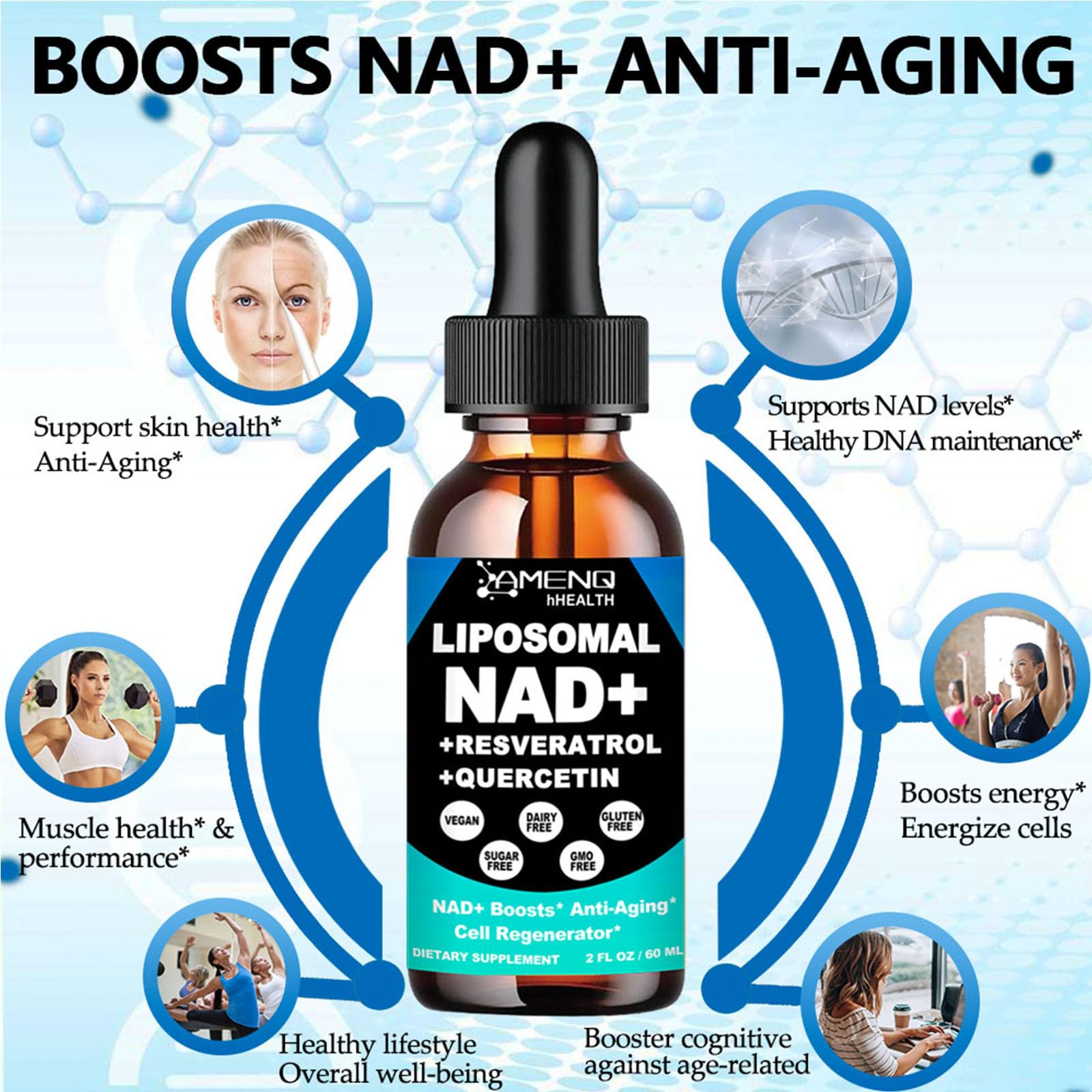 AMENQ hHEALTH 5-in-1 NAD complex bottle highlighting key ingredients