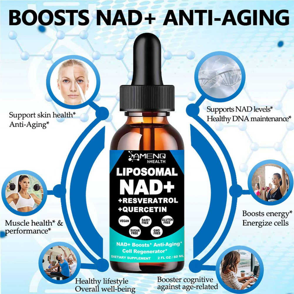 AMENQ hHEALTH 5-in-1 NAD complex bottle highlighting key ingredients