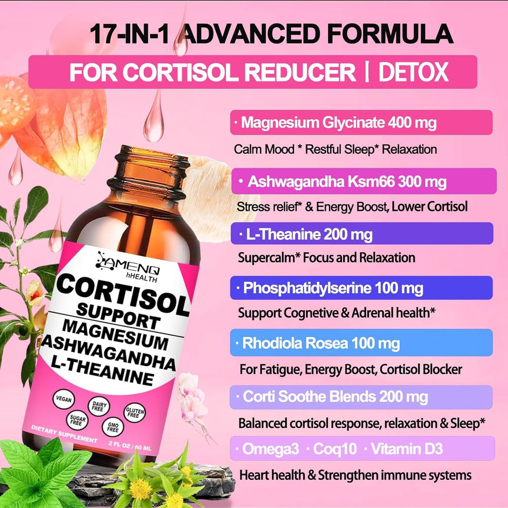 AMENQ hHEALTH cortisol liquid drops dropper ready for quick relaxation.