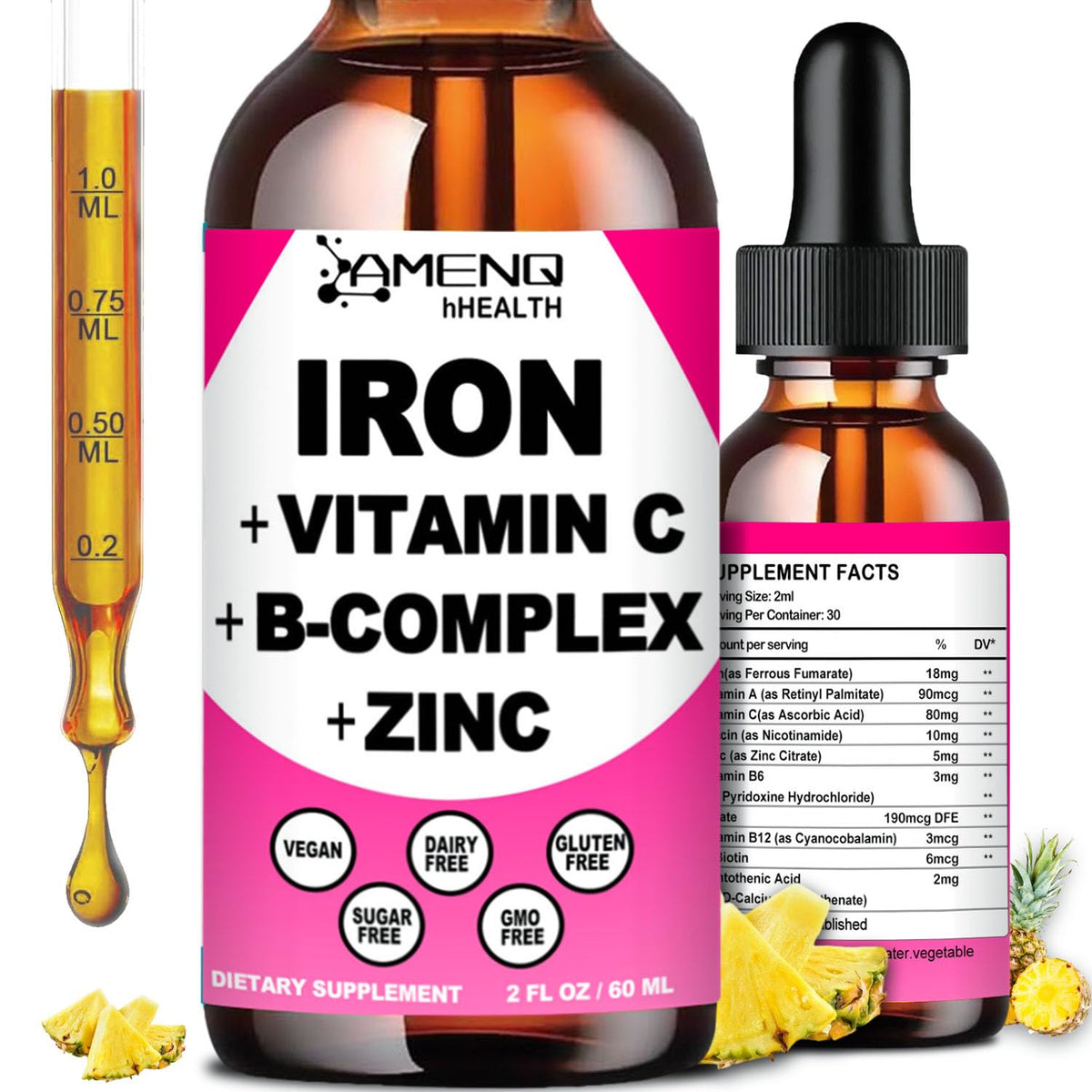 AMENQ hHEALTH iron drops with pineapple flavor offering easy daily energy support.