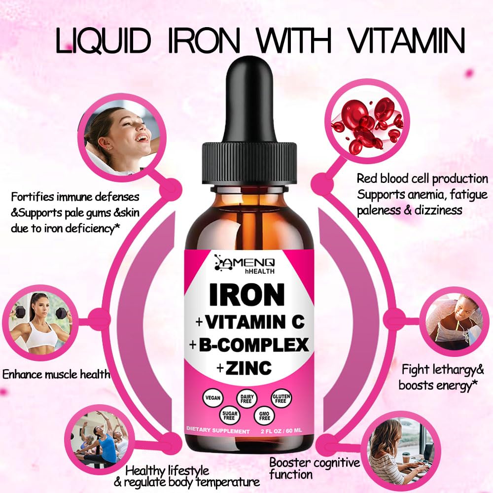 AMENQ hHEALTH iron drops with vitamin C and B-complex for better uptake.