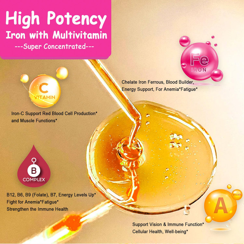 AMENQ hHEALTH liquid iron bottle highlights bioavailable iron absorption.