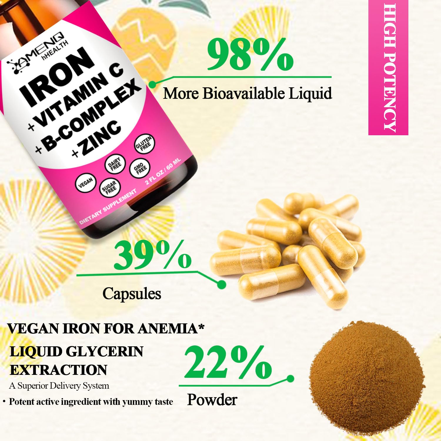 AMENQ hHEALTH sugar-free pineapple iron drops gentle on the stomach.